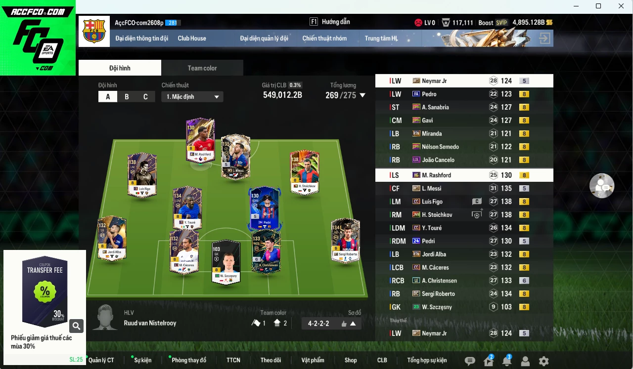 [ACC Rẻ🔥] Barcelona 549.010b dư 4800b có Figo CC, Stoichkov JNM, Messi BLD, Christensen LE+6, Pedri 24UCL, Y. Touré CC, Cáceres CC, Gavi 23HW, Sergi Roberto DC, Rashford HG... Còn nhiều CP GIẢM THUẾ, HLV Xịn
